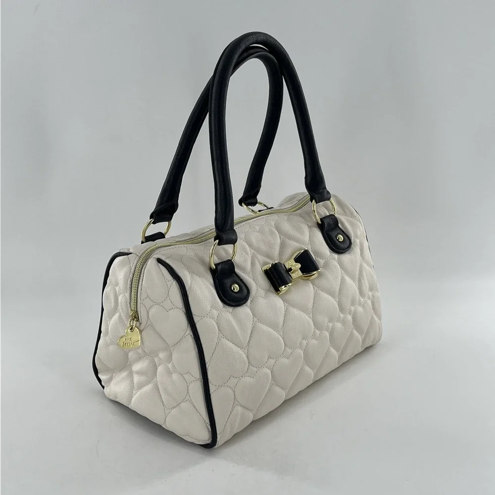 Betsey Johnson Quilted Heart Barrel Satchel Bag Ivory Black Purse Gold Floral